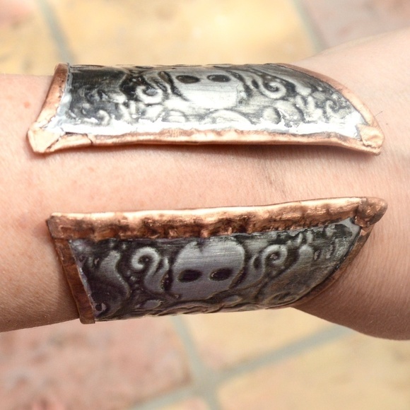Skull Solid Copper Silver Wide Cuff Biker Handmade Embossed Gothic Gladiator - Picture 5 of 6